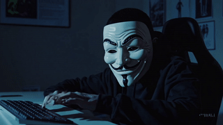 Healthcare hacker in Guy Fawkes mask